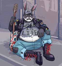 alternative_fashion anthro baseball_cap beard belly blue_bottomwear blue_clothing blue_jeans blue_pants boots bottomwear clothing combat_boots denim denim_bottomwear denim_clothing electric_guitar exposed_belly eyewear facial_hair footwear fur glasses grey_body grey_clothing grey_fur grey_shirt grey_topwear guitar hat headgear headwear jacket jeans jewelry leather leather_boots leather_clothing leather_footwear leather_jacket leather_topwear male mature_anthro mature_male musical_instrument navel necklace overweight overweight_anthro overweight_male pants patch_(fabric) plucked_string_instrument punk ring shirt shoes sitting solo string_instrument text text_on_clothing topwear torn_bottomwear torn_clothing torn_jeans torn_pants torn_shirt torn_topwear union_jack urban white_body white_fur mikrogoat lagomorph leporid mammal rabbit 2025 colored digital_media_(artwork) english_description english_text full-length_portrait hi_res portrait translated