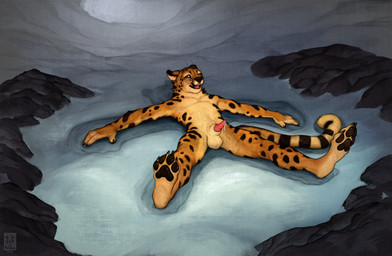 4_toes 5_fingers animal_genitalia animal_penis anthro balls biped black_spots black_stripes brown_body brown_fur brown_tail claws countershade_torso countershading erection feet feline_genitalia feline_penis finger_claws fingers fur genitals looking_at_viewer lying male markings nude nude_anthro nude_male on_back open_mouth open_smile outside pawpads paws penis purple_eyes sheath smile snow_angel solo spots spotted_body spotted_fur striped_markings striped_tail stripes tail tail_markings teeth toe_claws toes tongue whiskers anchee cheetah felid feline king_cheetah mammal 2026 absurd_res digital_drawing_(artwork) digital_media_(artwork) hi_res
