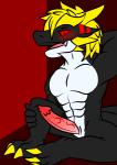 abs anthro black_body blonde_hair erection genitals hair looking_at_viewer male markings muscular muscular_anthro muscular_male nude open_mouth penis red_markings solo tail white_body opstah mythology opstah_(character) dragon mythological_creature mythological_scalie scalie