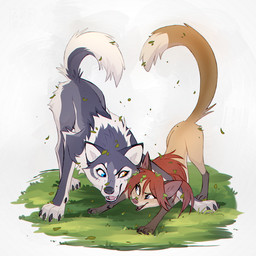 black_claws black_nose blue_eyes brown_nose claws collaborative collaborative_gesture collaborative_tail_heart duo eye_contact eyelashes female feral feral_with_hair fur gesture grass grey_body grey_fur hair heterochromia leaf looking_at_another open_mouth orange_eyes orange_hair plant simple_background size_difference smug standing tail tail_gesture tail_heart teeth white_body white_fur azzai canid canine canis fox mammal wolf 1:1 colored digital_drawing_(artwork) digital_media_(artwork)