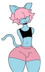 anthro big_butt black_clothing black_crop_top black_nose black_shirt black_topwear blue_body blue_ears blue_fur blue_tail bottomwear butt clothed clothing crop_top femboy front_view fur hair hair_over_eyes hands_behind_back huge_thighs male pink_bottomwear pink_clothing pink_hair pink_shorts shirt shorts simple_background smile solo standing tail thick_thighs topwear white_background furu_flami furu_(furu_flami) domestic_cat felid feline felis mammal 2023 digital_media_(artwork)