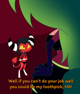 anthro dialogue duo female horn humanoid_on_anthro male male/female purple_body red_body smile teeth text impstripe hazbin_hotel hellaverse missi_zilla zeezi_(hazbin_hotel) demon demon_humanoid dinosaur humanoid imp prehistoric_species reptile scalie 2025 english_text hi_res
