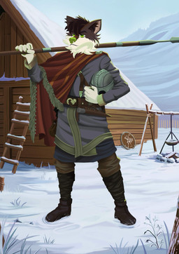 anglo-saxon anthro armor boots claws cloak clothed clothing footwear fully_clothed green_claws green_eyes green_nose green_pawpads headgear helmet house_background huscarl male melee_weapon military pawpads polearm shield shoes snow soldier solo spear standing warrior weapon johjohart james_(mistah_novikov) canid canine canis coyote mammal absurd_res hi_res