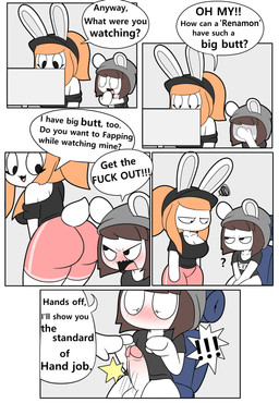 annoyed anthro balls beanie black_clothing black_hat black_headwear black_shirt black_topwear blush blush_lines bottomless bottomless_anthro bottomless_male bottomwear breasts brown_hair butt chair cleavage clothed clothing covering covering_crotch covering_self dialogue duo electronics eyelashes female forced forced_exposure furniture genitals glans grey_beanie grey_clothing grey_hat grey_headwear hair hat headgear headwear male male/female monitor office_chair orange_hair penis pink_bottomwear pink_clothing pink_shorts ponytail shirt short_tail shorts speech_bubble tail text topwear tonytoran tina_(tonytoran) tony_(tonytoran) chinchilla chinchillid lagomorph leporid mammal rabbit rodent comic english_text hi_res