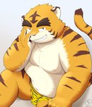 anthro balls belly bottomwear clothing genitals humanoid_hands kemono loincloth male moobs nipples overweight overweight_male simple_background sitting solo white_body 5groo5 setsubun felid mammal pantherine tiger 2022 absurd_res hi_res