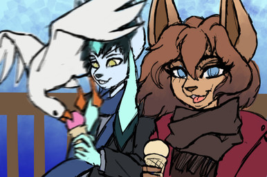 anthro anthrofied black_clothing clothing dessert duo female food holding_food holding_object ice_cream long_sleeves looking_at_viewer male open_mouth pokemorph railing scarf simple_background smile topwear winter_clothing winter_coat pearl123_art nintendo pokemon jace_(tamashii) pearl_(pearl123_art) avian bird eevee eeveelution generation_1_pokemon generation_4_pokemon glaceon gull lari larid pokemon_(species) colored_sketch hi_res sketch