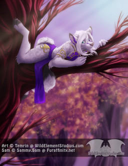 anthro biped blue_eyes breasts clothing cloud detailed_background dress ear_piercing female fluffy forest fur gold_(metal) hair looking_at_viewer lying markings on_front outside piercing plant pose sky smile solo spots spotted_body spotted_fur sun text tree white_body white_fur white_hair temrin blizzard_entertainment warcraft sammy.sam canid canine canis felid fox hybrid mammal pantherine snow_leopard wolf 2013 digital_media_(artwork) digital_painting_(artwork) painting_(artwork) url