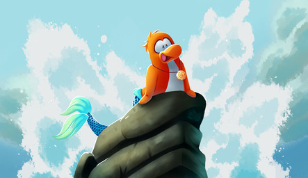 anthro blue_tail fur jewelry male mermaid_tail necklace open_mouth orange_body orange_fur rock solo splashing_water tail water kaibubbless club_penguin rory_(club_penguin) avian bird penguin hi_res