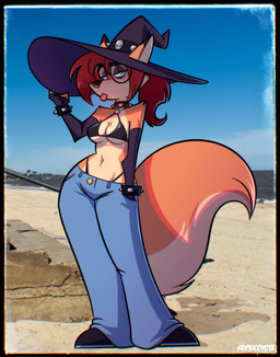 anthro armwear beach bikini bikini_strap bikini_top blep bottomwear bracelet breasts clothing denim denim_bottomwear denim_clothing dipstick_ears ear_markings elbow_gloves eyebrows eyelashes eyewear female fingerless_gloves footwear glasses gloves green_eyes hair hand_in_pocket handwear hat headgear headwear jeans jewelry markings mole_(marking) multicolored_ears navel orange_body pants photo_background pockets red_hair shoes solo spiked_bracelet spikes swimwear tan_body tongue tongue_out two-piece_swimsuit witch_hat psicoyote veronica_(psicoyote) canid canine fox mammal 2026 absurd_res hi_res mixed_media photography_(artwork)