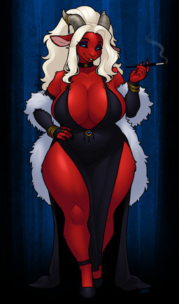 anthro big_breasts blue_eyes breasts cigarette cigarette_holder cleavage clothed clothing curvy_figure dress female fur hair hand_on_hip huge_breasts looking_at_viewer red_body red_fur side_slit side_slit_dress slightly_chubby slit_dress solo thick_thighs voluptuous white_hair wide_hips blazbaros bovid caprine caprine_demon demon goat goat_demon mammal hi_res