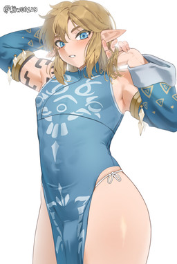 5_fingers armwear asian_clothing blonde_hair blue_clothing blue_dress blue_eyes blush blush_lines brown_eyebrows bulge chinese_clothing chinese_dress clothed clothed_humanoid clothed_male clothing detached_sleeves dress east_asian_clothing eyebrows eyelashes eyelashes_through_hair femboy fingers frostbite_armor glistening glistening_body glistening_eyes glistening_skin hair humanoid_pointy_ears looking_at_viewer male male_humanoid not_furry open_mouth pointy_ears print_armwear print_clothing print_dress simple_background solo standing tan_body tan_skin teeth text translucent translucent_hair white_background white_clothing jjw00123 nintendo the_legend_of_zelda link humanoid hylian 2026 artist_name digital_media_(artwork) hi_res