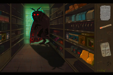 ambiguous_gender black_body bottle box bumper_sticker can cereal_box container floor flyer_(pamphlet) glowing glowing_eyes graffiti heart_symbol insect_wings inside jar lepidopteran_wings moth_antennae news news_article night pamphlet red_eyes shadow shelf skull_symbol solo text tile tile_floor wings lindsay_pearson cool_s mothman animal_humanoid arthropod arthropod_humanoid cryptid humanoid insect insect_humanoid lepidopteran lepidopteran_humanoid moth_humanoid artist_name english_text