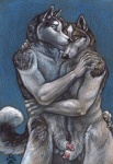 animal_genitalia animal_penis anthro blue_eyes canine_genitalia canine_penis duo eye_contact eyes_closed genitals hug licking looking_at_another love male male/male penis penis_tip romantic romantic_couple simple_background tail tongue tongue_out blotch canid canine canis domestic_dog husky mammal nordic_sled_dog red_husky spitz hi_res