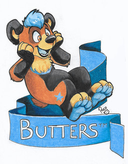 anthro black_body black_fur black_nose blue_hair blue_markings fur glistening glistening_eyes hair happy logo male male_anthro markings multicolored_body multicolored_fur nude open_mouth open_smile orange_body orange_eyes orange_fur overweight overweight_anthro overweight_male short_hair simple_background smile solo tan_body tan_fur white_background young young_anthro young_male pandapaco bear mammal artist_logo signature