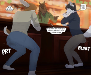 accident anthro bar crouching dialogue embarrassed feces group humiliation male public soiling soiling_underwear text trio jager-darklite dandarkheart centzon jager_(jager-darklite) canid canine canis equid equine lagomorph leporid mammal rabbit wolf english_text