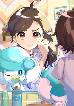 ambiguous_gender beak blue_eyes blue_feather_hair brown_eyes brown_hair duo eyebrow_through_hair eyebrows eyelashes feathers female feral hair hair_gel mirror mirror_reflection one_eye_closed reflection tail translucent translucent_hair white_body white_feathers toripoke710 nintendo pokemon juliana_(pokemon) nemona_(pokemon) applin avian bird future_pokemon generation_8_pokemon generation_9_pokemon human legendary_pokemon low-power_mode_miraidon mammal miraidon paradox_pokemon pokemon_(species) quaxly 2025 hi_res