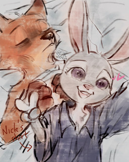 alternate_costume anthro clothed clothed_anthro clothed_female clothing clothing_swap dipstick_ears directional_arrow drained duo ear_markings eyebrows eyelashes female female_anthro fur gesture green_eyes grey_body hand_gesture iris looking_at_viewer male male/female male_anthro multicolored_ears open_:3 open_mouth open_smile orange_body philtrum pupils purple_eyes selfie smile snout text twitter_handle v_sign white_body white_fur espc215419 disney zootopia judy_hopps nick_wilde canid canine european_rabbit fox lagomorph leporid mammal oryctolagus rabbit red_fox true_fox artist_name english_text hi_res meme
