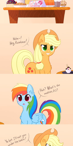apple banana blonde_hair blue_body blue_fur blush cake clothing cowboy_hat cutie_mark dessert dialogue duo ellipsis exclamation_point feathered_wings feathers female feral food freckles fruit fur green_eyes hair hat headgear headwear heart_symbol humor ice_cream inner_ear_fluff innuendo misunderstanding muffin multicolored_hair multicolored_tail open_mouth orange_body orange_fur pastry pie pineapple pink_eyes plant question_mark rainbow_hair rainbow_tail spread_wings standing suggestive tail text tongue tuft wing_boner wings dsp2003 friendship_is_magic hasbro my_little_pony mythology applejack_(mlp) rainbow_dash_(mlp) earth_pony equid equine horse mammal mythological_creature mythological_equine pegasus pony 2015 absurd_res comic english_text hi_res long_image tall_image url