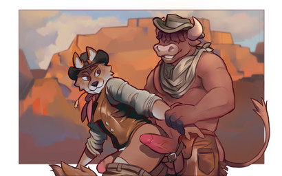 anthro arm_grab balls belt chaps clothing duo erection furgonomic_hat furgonomic_headwear furgonomics genitals hair hair_over_eyes hay_in_mouth horn humanoid_genitalia humanoid_penis imminent_anal kerchief male male/male musclegut muscular muscular_anthro muscular_male outside overweight overweight_anthro overweight_male penis shirt tail teeth topwear vein veiny_penis vest wrist_grab gol1ath bovid bovine canid canine canis cattle coyote mammal 2023 hi_res