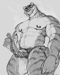 abs andromorph andromorph_anthro anthro biped dildo eyebrows intersex intersex_anthro looking_at_viewer looking_down looking_down_at_viewer low-angle_view lube_on_dildo lube_on_strapon mastectomy_scar muscular muscular_andromorph muscular_anthro muscular_intersex navel nipples pecs scar sex_toy solo strapon tentacle_dildo visibly_trans whiskers repzzmonster felid mammal pantherine tiger 2024 absurd_res digital_media_(artwork) greyscale hi_res monochrome