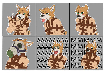 aaaaa anthro bdsm big_pupils black_snout black_tail blindfold blush blush_lines bondage border bound dilated_pupils ears_back fur gas_mask green_eyes grey_background hair imminent_gag inner_ear_fluff lock male mask muffled muffled_screaming multicolored_body multicolored_fur multicolored_tail muzzle_(object) muzzled open_mouth padlock pivoted_ears pointy_ears prick_ears pupils restraints screaming sensory_deprivation_hood short_tail simple_background solo sticker_pack straitjacket tail tan_body tan_ears tan_fur tan_hair tan_tail tongue tongue_out tuft two_tone_body two_tone_fur white_body white_border white_fur white_inner_ear white_inner_ear_fluff white_tail kemira maxwelldoggo canid canine canis domestic_dog herding_dog mammal pastoral_dog welsh_corgi 2025 hi_res