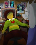 anthro brown_hair chair clothing computer computer_monitor computer_mouse cutlery duo electronics eyewear female fork fur furniture glasses green_clothing green_shirt green_topwear hair inside kitchen_utensils male shirt sitting spread_legs spreading tools topwear white_body white_fur yellow_body yellow_skin nightmarebros sunibee deltarune undertale_(series) kris_(deltarune) toriel bovid caprine goat human mammal 2023 hi_res