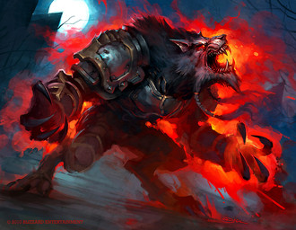 angry anthro armor black_body black_fur breastplate claws digitigrade dutch_angle full_moon fur male moon open_mouth outside pauldron sharp_teeth solo standing teeth luke_mancini blizzard_entertainment warcraft world_of_warcraft_trading_card_game canid mammal werecanid werecreature worgen 2010 official_art