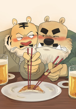 alcohol anthro beer beverage biped black_nose brown_body brown_fur clothed clothing drunk duo food fur humanoid_hands kemono male substance_intoxication panda_po bear felid mammal pantherine tiger 2023 hi_res