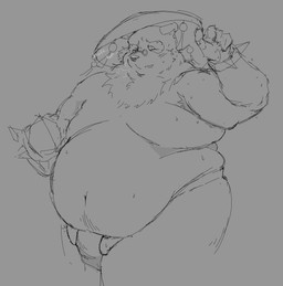 anthro belly big_belly blush blush_lines bodily_fluids bottomwear breath clothed clothing eyewear fur glasses hat headgear headwear loincloth looking_at_viewer male navel overweight overweight_male panting pantsless solo sweat text topless topless_male porkjoshi mihoyo zenless_zone_zero pan_yinhu bear giant_panda mammal absurd_res hi_res monochrome sketch