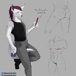 andromorph angry anthro beverage_can black_nose boots bottomwear butt cellphone clothing denim denim_bottomwear denim_clothing electronics footwear fur genitals grey_background hair holding_object intersex jeans legwear long_hair magenta_hair mastectomy_scar nude pants phone scar serious_face shoes simple_background smartphone solo tail thigh_highs vulva white_body white_fur strandedkraken anheuser-busch_inbev_sa/nv corona_(beer) rey_(strandedkraken) canid canine canis mammal wolf 1:1 absurd_res english_description hi_res