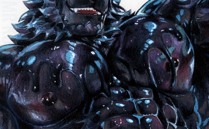 abs anthro areola barazoku beard big_muscles big_pecs black_areola black_beard black_body black_facial_hair black_goo black_nipples close-up facial_hair fangs front_view glistening glistening_body goo_body goo_drip goo_hair male muscular muscular_anthro muscular_male neck_tuft nipples obliques open_mouth open_smile pecs pecs_focus pseudo_hair serratus simple_background smile solo teeth tuft white_background mrkun goo_creature cropped graphite_(artwork) hi_res mixed_media painting_(artwork) traditional_media_(artwork) traditional_painting_(artwork) traditional_watercolor_(artwork) watercolor_(artwork)