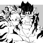 anthro black_hair chest_scar duo eyebrows facial_scar fur grey_background hair hug inner_ear_fluff male male/male muscular muscular_anthro muscular_male one_eye_closed scar shirtless short_hair simple_background striped_body striped_fur stripes thick_eyebrows tuft eurobeat sdorica pang_(sdorica) yao_(sdorica) felid mammal pantherine tiger 2021 black_and_white hi_res monochrome