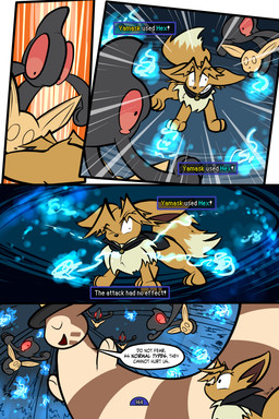 4_panel_comic ambiguous_gender black_body black_cape black_clothing black_eyes black_nose black_text blue_text brown_body brown_hair cape clenched_teeth clothing dialogue exclamation_point eyes_closed eyewear feral fluffy fluffy_tail group hair hat headgear headwear inner_ear_fluff looking_at_another male monocle neck_tuft one_eye_closed open_mouth open_smile page_number paws quadruped smile speech_bubble tail talking_to_another teeth text text_box toony top_hat tuft white_sclera yellow_text virmir nintendo pokemon pokemon_mystery_dungeon spike_chunsoft virmir_(character) eevee furret generation_1_pokemon generation_2_pokemon generation_5_pokemon mammal pokemon_(species) spirit yamask 2026 2:3 absurd_res comic english_text hi_res signature male_(lore)