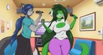 anthro belt bottomwear breasts cleavage clothed clothing duo electronics female fur green_body green_fur green_hair hair hand_holding inside karaoke long_hair male male/female microphone pants shirt topwear mastergodai knuckle_up! ark_celosar_(polokun) hawke_(mastergodai)