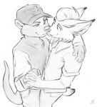 anthro clothed clothing duo love male male/male romantic romantic_ambiance romantic_couple skull_symbol leglegleg echo_(game) echo_(series) echo_project sydney_bronson tj_hess canada_lynx felid feline lynx mammal mustelid otter 2022 absurd_res black_and_white hi_res monochrome