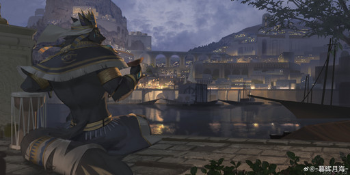 anthro black_body black_fur black_tail blue_eyes building city clothed clothing fur male male_anthro markings muscular muscular_anthro muscular_male night rear_view sitting sky solo tail water yellow_markings awaldkize canid canine mammal absurd_res hi_res
