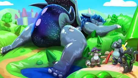 adventurer anthro biped clothed clothing detailed_background fantasy glistening glistening_body green_clothing hat headgear headwear horn inflatable macro markings melee_weapon membrane_(anatomy) membranous_wings nozzle nozzle_on_hip pool_noodle pool_toy purple_eyes scabbard sharp_teeth size_difference striped_markings striped_tail stripes sword tail tail_markings teeth weapon wings wizard_hat sexotheque mythology animate_inanimate canid canine dragon felid feline living_inflatable mammal mythological_creature mythological_scalie scalie 16:9 2026 4k absurd_res digital_media_(artwork) hi_res widescreen