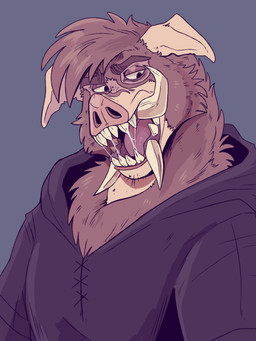 anthro black_clothing black_hoodie black_topwear blue_background bodily_fluids brown_body brown_fur brown_hair cheek_tuft chest_tuft clothed clothing facial_tuft floppy_ears fur hair hoodie looking_aside male mouth_shot neck_tuft open_mouth red_tongue saliva saliva_string short_hair simple_background solo tan_body tan_skin teeth tongue topwear tuft tusks unsigned swampjaws mammal suid suine 3:4 absurd_res half-length_portrait hi_res portrait