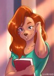 anthro book breasts brown_hair clothed clothing female fully_clothed fur hair markings mole_(marking) mole_under_eye red_hair simple_background smile solo toony zanzagen disney goof_troop roxanne_rover canid canine canis domestic_dog mammal absurd_res hi_res