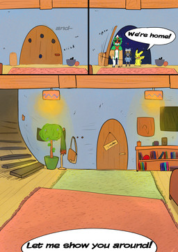 3_panel_comic ambiguous_gender anthro bag bandage beak black_text blue_body book bookshelf cheek_spots clothes_hanger clothing dialogue door exclamation_point eyes_closed floor furniture group inside lamp looking_at_another motion_lines one_eye_closed open_mouth open_smile orange_eyes paws plant plant_pot potted_plant pupils red_cheeks rug sign smile sofa sound_effects speech_bubble stairs tail talking_to_another text tree trio wall_(structure) white_pupils white_sclera wood wood_floor yellow_body sawlamander nintendo pokemon pokemon_mystery_dungeon spike_chunsoft decidueye generation_1_pokemon generation_4_pokemon generation_7_pokemon pikachu pokemon_(species) riolu 2026 comic english_text hi_res