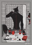 anthro bathroom blood bodily_fluids bottle brush brushing brushing_teeth container eyeless hairbrush hi_res looking_at_self male mammal mirror mucknagabe photo restricted_palette sergal sink solo squeeze_tube stiches tile tile_wall toothpaste wall_(structure)