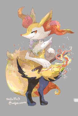 ambiguous_anthro ambiguous_gender anthro big_tail biped closed_smile digitigrade dipstick_tail elemental_manipulation fire fire_manipulation front_view holding_object holding_stick looking_at_viewer markings mouth_closed nude_ambiguous nude_anthro simple_background smile solo sparkles standing stick tail tail_markings tapering_snout volpecorvo nintendo pokemon braixen canid generation_6_pokemon mammal pokemon_(species) 2020 colored dated digital_drawing_(artwork) digital_media_(artwork) full-length_portrait hi_res japanese_description portrait signature translated_description