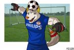 anthro ball clothed clothing fur gloves handwear male outside photo_background soccer soccer_ball solo sport white_body white_fur mtiggah psv_eindhoven volskar canid canine canis mammal wolf absurd_res digital_media_(artwork) hi_res photography_(artwork) shaded