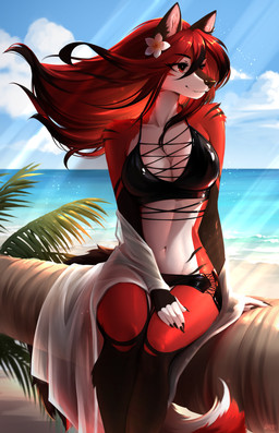 accessory anthro beach big_breasts biped blush bottomwear breasts cleavage clothed clothing cloud female flower flower_in_hair foam front_view fur hair hair_accessory latex latex_clothing latex_skinsuit light multicolored_body multicolored_fur nature nature_background nude palm_tree plant red_body red_eyes red_fur red_hair sand shoreline shorts sitting skinsuit sky smile solo summer sunlight tight_clothing tree water wave wolf_tail laffisa rayne_(onyxfurry) canid canine canis mammal wolf absurd_res hi_res