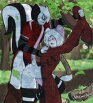 anal anthro arm_warmers armwear asian_clothing bag black_body black_fur black_penis blush bodily_fluids bottomwear bottomwear_around_legs bound braided_hair braided_ponytail branch chinese_clothing clothed clothing clothing_around_legs clothing_bondage duo east_asian_clothing falling_leaves forest fur genital_fluids genitals green_eyes hair hand_on_shoulder hands_tied leaf legwear light light_beam lube male male/male one_eye_closed pants pants_around_legs partially_clothed penis plant ponytail precum raised_leg red_eyes scarf sex shirt standing standing_sex stockings sunbeam sunlight tail_around_neck topwear tree tunic white_body white_fur thibbycat mickey_(thibbycat) xin_(thibbycat) mammal mephitid mouse murid murine rodent skunk hi_res