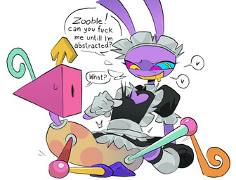 abdominal_bulge ambiguous_gender ambiguous_penetrated antennae_(anatomy) anthro bodily_fluids cleavage_cutout clothed clothed_sex clothing cowgirl_position cutout deep_penetration dialogue drooling fondling_internal_bulge from_front_position large_penetration legwear maid_uniform male male/ambiguous male_penetrating male_penetrating_ambiguous on_bottom on_top penetration purple_body saliva sex speech_bubble sweat sweatdrop thigh_highs uniform real_saming glitch_productions the_amazing_digital_circus jax_(tadc) zooble_(tadc) lagomorph leporid living_toy mammal rabbit 2026 hi_res male_(lore) nonbinary_(lore)