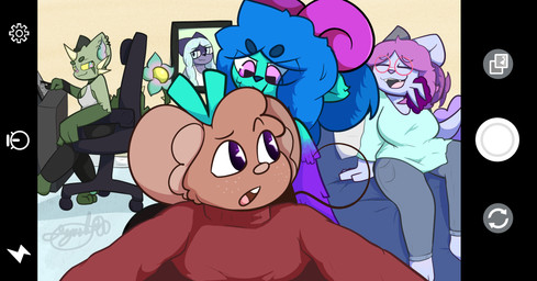 anthro bed blue_hair bovid_horn brown_body brown_fur camera_view caprine_horn chair clothed clothing desk drawing_tablet eyebrows eyes_closed eyewear female fur furniture glasses green_body green_skin group hair head_tuft horn inside laugh long_hair looking_at_another looking_back multicolored_body office_chair on_bed open_mouth photo picture_frame pillow pinata pink_body pink_eyes plant purple_body raised_eyebrow selfie sitting smile table tablet tail taking_picture taking_selfie tuft two_tone_body gazaster dalia_(gazaster) fia_(gazaster) gaz_(gazaster) mars_(gazaster) rhys_(gazaster) amphibian animate_inanimate aquatic axolotl bovid caprine domestic_cat elemental_creature felid feline felis flora_fauna hybrid living_pinata mammal mole_salamander mouse murid murine rodent salamander sheep 2025 absurd_res digital_media_(artwork) hi_res signature trans_(lore) trans_woman_(lore)