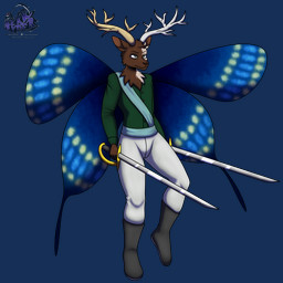 anthro boots bottomwear clothed clothing footwear fur holding_object horn insect_wings lepidopteran_wings male melee_weapon mottled neck_tuft pants piebald scarf shirt shoes simple_background solo sword topwear transparent_background tuft weapon wings berk_rider arthropod butterfly deer hybrid insect lepidopteran mammal 1:1 2025 absurd_res alpha_channel hi_res