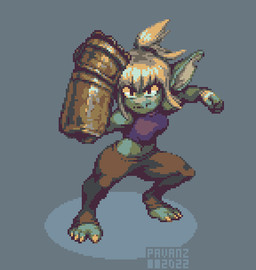 action_pose armor barefoot big_breasts blonde_hair bottomwear breasts clothing feet female fist gauntlets gloves hair handwear legwear midriff notched_ear oversized_weapon pants pointy_ears pose shirt solo tank_top tights topwear weapon yellow_eyes pavanz thofa_(sherswoodies) goblin digital_media_(artwork) full-length_portrait low_res pixel_(artwork) portrait