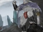 aban_wrench anthro blaidd_(elden_ring) bulge canid canine canis cape clothing elden_ring fromsoftware hi_res male mammal melee_weapon muscular muscular_male nipples solo sword weapon wolf